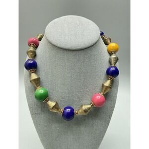 Vintage Egyptian Revival Beaded Necklace 16" Multicolor Brass Tone Intricate